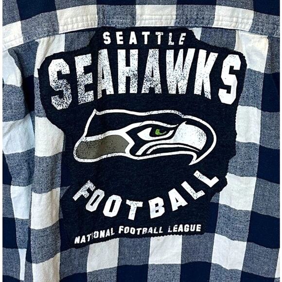 Seattle Seahawks Flannel Plaid Shirt Football 3XL Oversize Unique Blue Upcycled - Picture 2 of 6